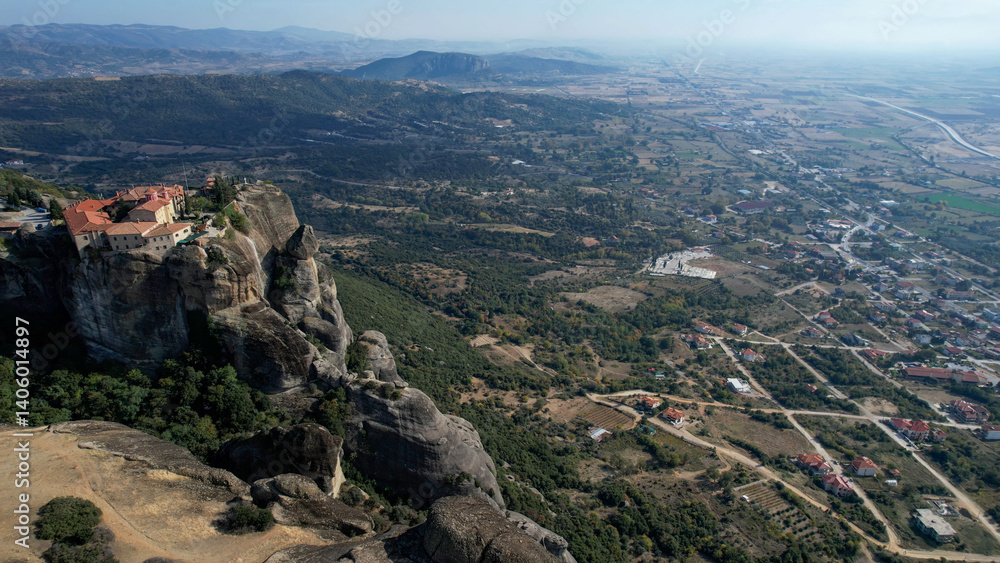 Aerial view close to the city and monastery Meteora in greece on a sunny day in autumn Aerial view close to the city and monastery Meteora in greece on a sunny day in autumn