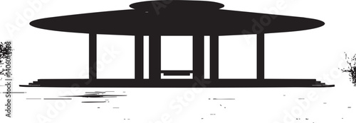 A minimalist silhouette of a pavilion structure set against a white background.
