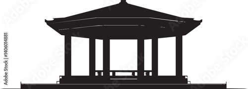 Silhouette of a traditional pavilion structure against a white background, ideal for design projects.