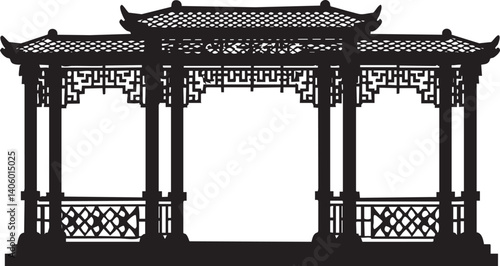 A silhouette of a traditional Chinese pavilion designed for gardens and outdoor spaces.