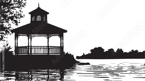 A serene silhouette of a gazebo by a tranquil lake reflecting the surrounding nature.