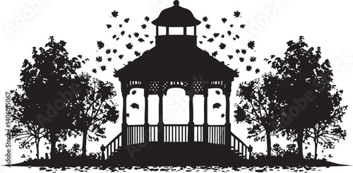 A beautiful silhouette of a gazebo surrounded by trees and decorative elements in nature.