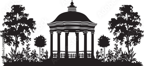 A decorative silhouette of a gazebo surrounded by trees and floral elements in a garden.