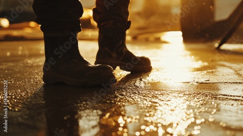 Construction worker smoothing concrete for a building foundation. Featuring focus and skill