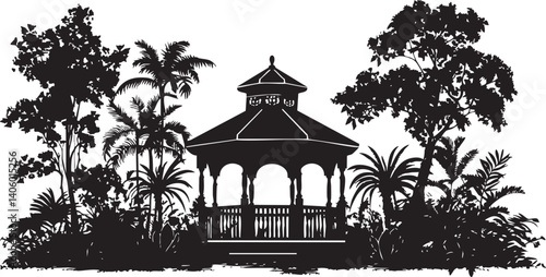 A silhouette of a gazebo surrounded by lush tropical plants and trees in a serene setting.