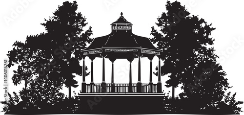 Silhouette of a gazebo surrounded by trees, perfect for outdoor events and relaxation.