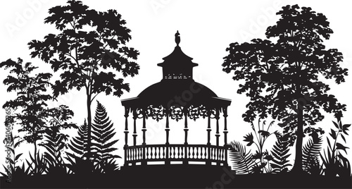 A decorative silhouette of a gazebo surrounded by trees and plants in a serene landscape.