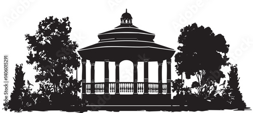 A decorative silhouette of a gazebo surrounded by trees and plants in a serene setting.
