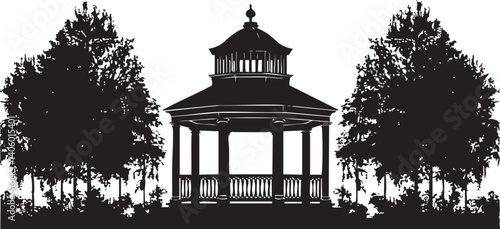Silhouette of a gazebo surrounded by trees creating a serene outdoor park scene.