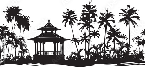 A serene silhouette of a gazebo surrounded by palm trees and tropical landscape.