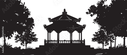 A serene silhouette of a gazebo surrounded by trees in a tranquil park setting.