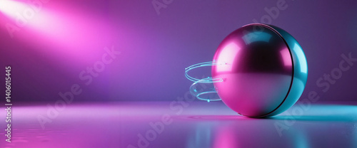 Abstract metallic sphere with glowing trails against vibrant backdrop  