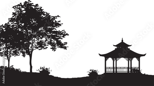 A serene silhouette of a tree and a pavilion against a white background.