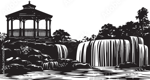 A serene black and white illustration of a gazebo beside a cascading waterfall in nature.