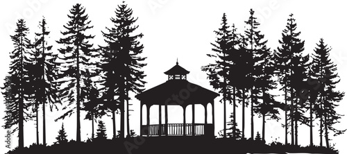 A serene silhouette of a gazebo surrounded by tall trees in a tranquil park setting.
