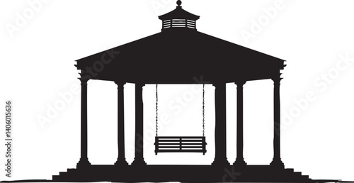 A silhouette of a gazebo with a swing, perfect for outdoor relaxation and gatherings.