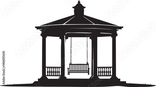 A silhouette of a classic gazebo with a swing, perfect for outdoor relaxation and recreation.