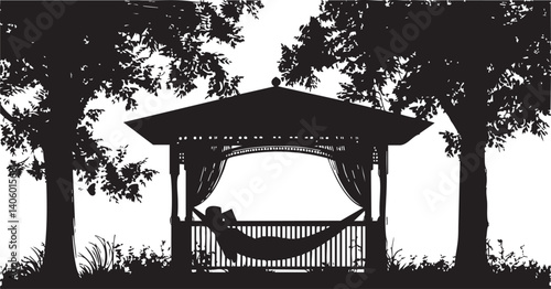 A serene silhouette of a gazebo with a hammock, surrounded by trees in a peaceful setting.