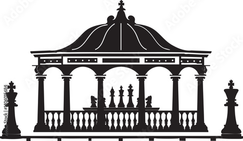 Silhouette of an ornate gazebo featuring intricate architectural details in a minimalist design.