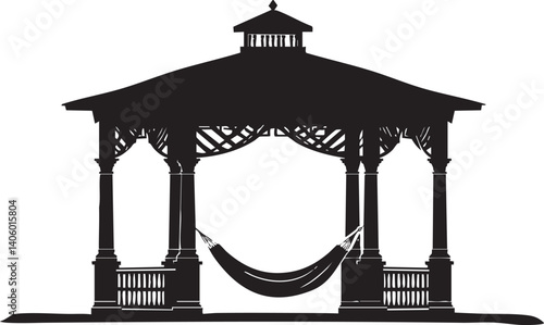 A silhouette of a gazebo with a hammock, ideal for outdoor relaxation and leisure.