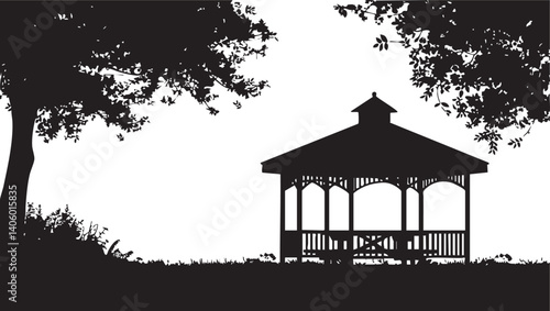 A beautiful silhouette of a gazebo surrounded by trees in a serene park setting.
