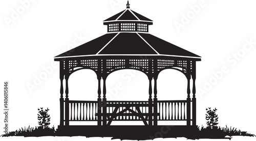 A decorative silhouette of a gazebo in a garden setting ideal for outdoor relaxation.