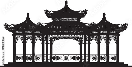 Silhouette of an ornate Asian pagoda showcasing traditional architectural design and cultural heritage.