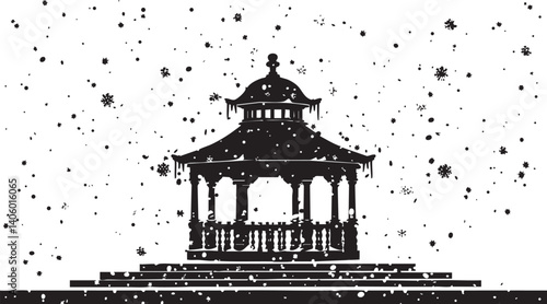 A silhouette of an ornate gazebo surrounded by falling snowflakes in a decorative style.
