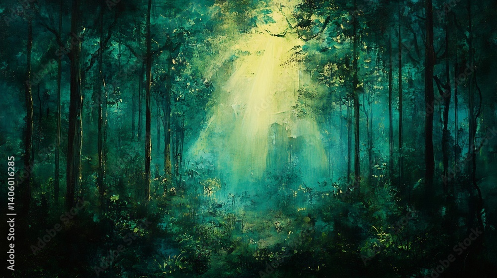 Obraz premium Enchanted evergreen forest a rich palette of deep greens subtle rays of sunlight illuminating intricate needle details in a magical woodland setting