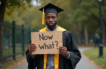 Afro-american graduate holds cardboard sign asking Now what after college graduation. Young man in cap and gown stressed, unemployed. Job searching in park after university, employment issue.