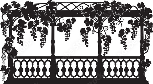 Silhouette of a decorative garden trellis adorned with grapevines and foliage.