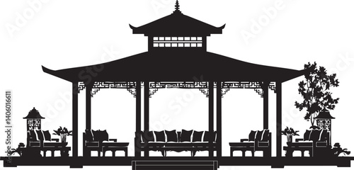 A beautiful silhouette of a traditional Asian pavilion in a serene garden setting.