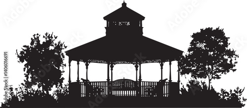Silhouette of a gazebo surrounded by trees and foliage in a tranquil outdoor setting.