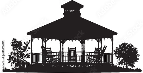 Silhouette of a gazebo surrounded by trees, perfect for outdoor relaxation and gatherings.