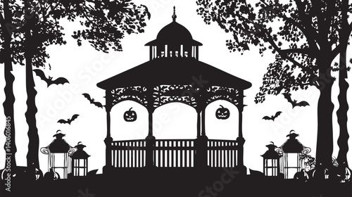 A decorative silhouette of a gazebo surrounded by trees and lanterns with bats flying.