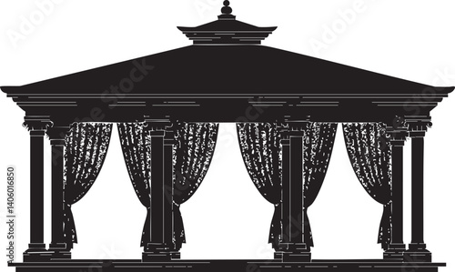 A decorative black silhouette of a gazebo with curtains and columns, ideal for outdoor settings.