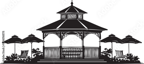 A stylish gazebo design with surrounding umbrellas and decorative landscaping for outdoor relaxation.
