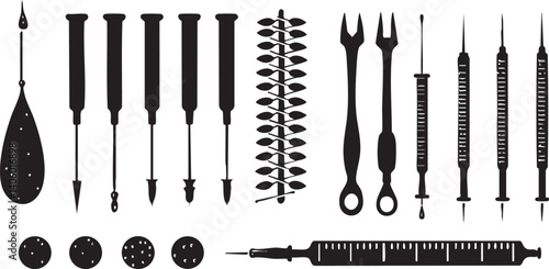 A collection of various medical tools and instruments including syringes, needles, and test tubes.