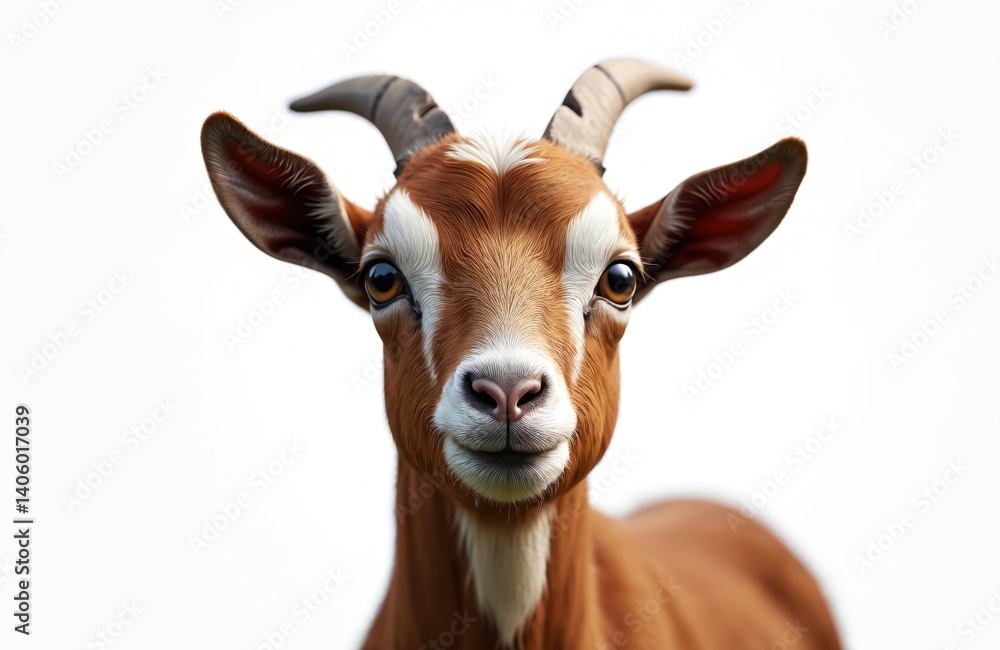 Goat illustration on isolated white background. Portrait animal for Eid al-Adha holiday. Brown goat with horns and white markings. Generative AI image. Livestock animal. Goat illustration on isolated white background. Portrait animal for Eid al-Adha holiday. Brown goat with horns and white markings. Generative AI image. Livestock animal.