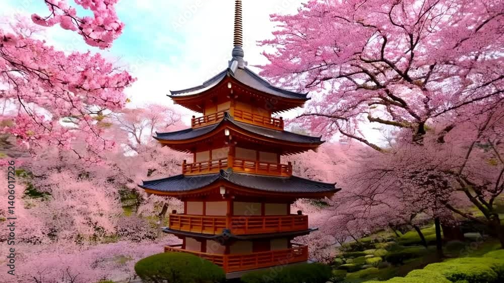A serene pagoda surrounded by cherry blossoms in full bloom during spring A serene pagoda surrounded by cherry blossoms in full bloom during spring