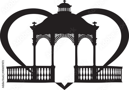 A decorative gazebo silhouette designed in a heart shape, ideal for romantic outdoor events.