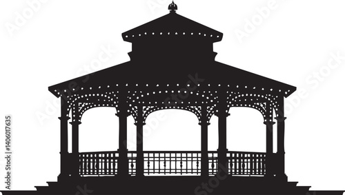 Silhouette of an ornate gazebo with intricate design and decorative features against a white background.