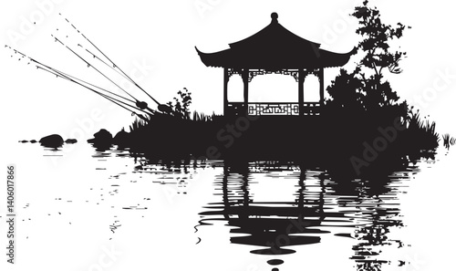 A serene silhouette of a traditional pavilion on a lake with reflections and surrounding nature.