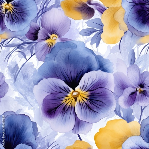 Wallpaper Mural Delicate Watercolor Pansy Floral Seamless Pattern in Blue and Yellow Torontodigital.ca