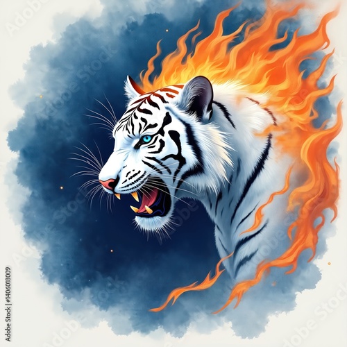 Wallpaper Mural Watercolor painting of white tiger with swirling fire. Blue backdrop. Tiger artwork features flames, cat face with open mouth teeth, vivid blue eyes. Can be used as logo t-shirt design, print. Torontodigital.ca
