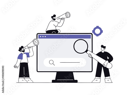 Flat illustration of three people using telescopes and a magnifying glass around a large computer screen displaying a search bar. The image symbolizes exploration, online research, SEO, web browsing, 