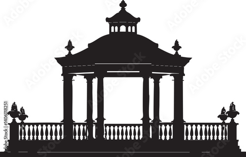Silhouette of an elegant classical pavilion structure suitable for gardens and outdoor events.