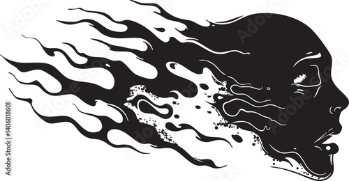 A haunting silhouette of a ghostly figure with flowing lines and abstract features.