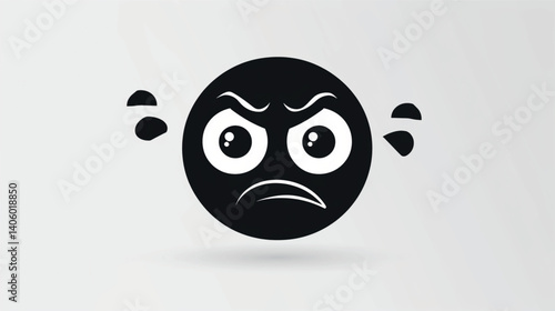 A stylized black and white angry emoticon with expressive eyes and a frowning face.