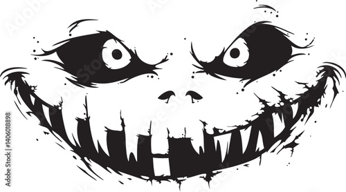 A creepy smiling face illustration with exaggerated features and a dark, whimsical design.